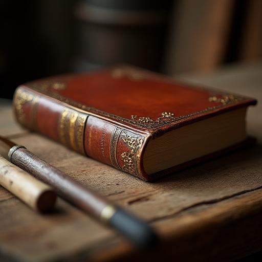 A beautifully restored antique leather-bound book sitting on a workbench.